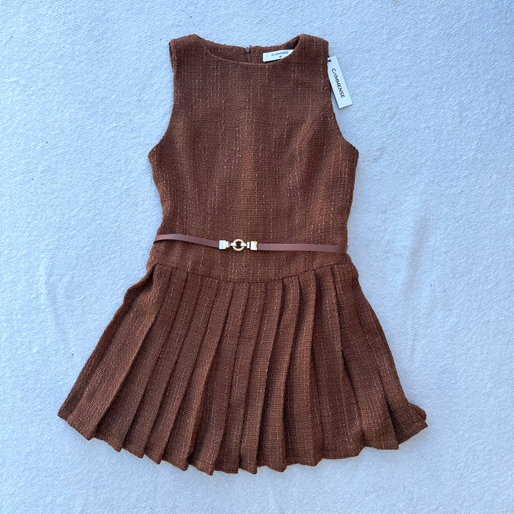 Commense Brown Textured Boucle Mini Dress Pleated Skirt Sleeveless Medium